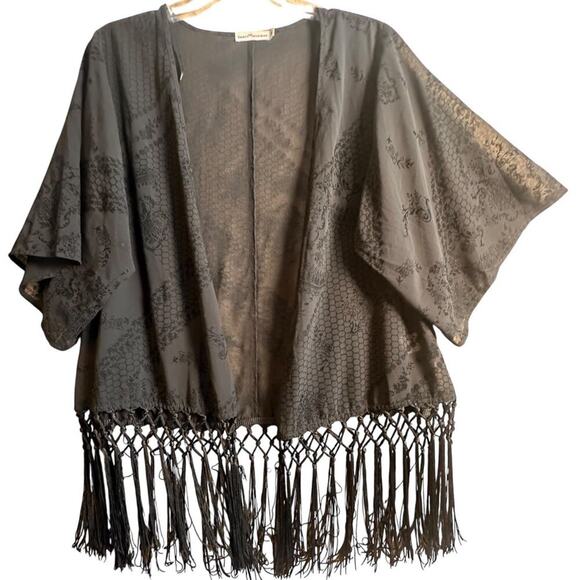 Festival Whimsigoth Cowboy Black Kimono Sheer Duster Cardigan Fringe Floral Mesh - Picture 14 of 16